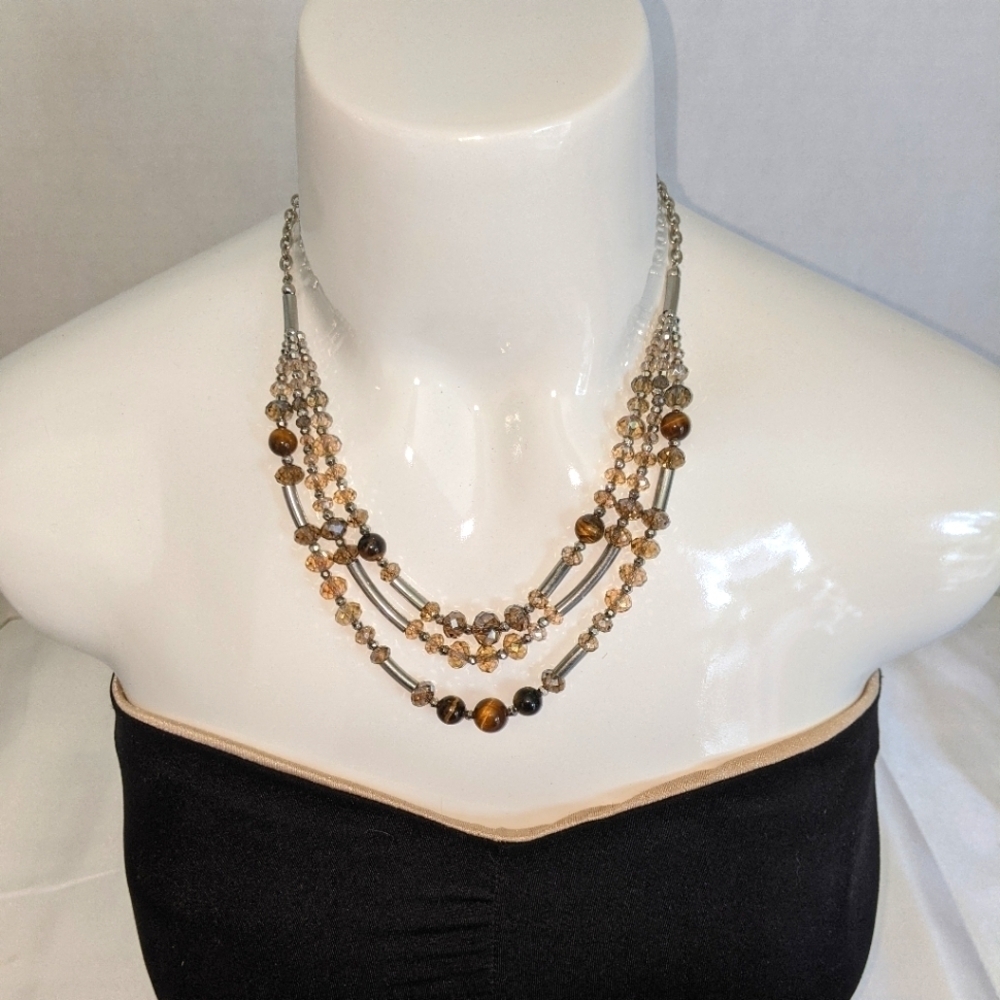 LOFT Women's Triple Strand Natural Stone And Amber Crystal Necklace Adjustable